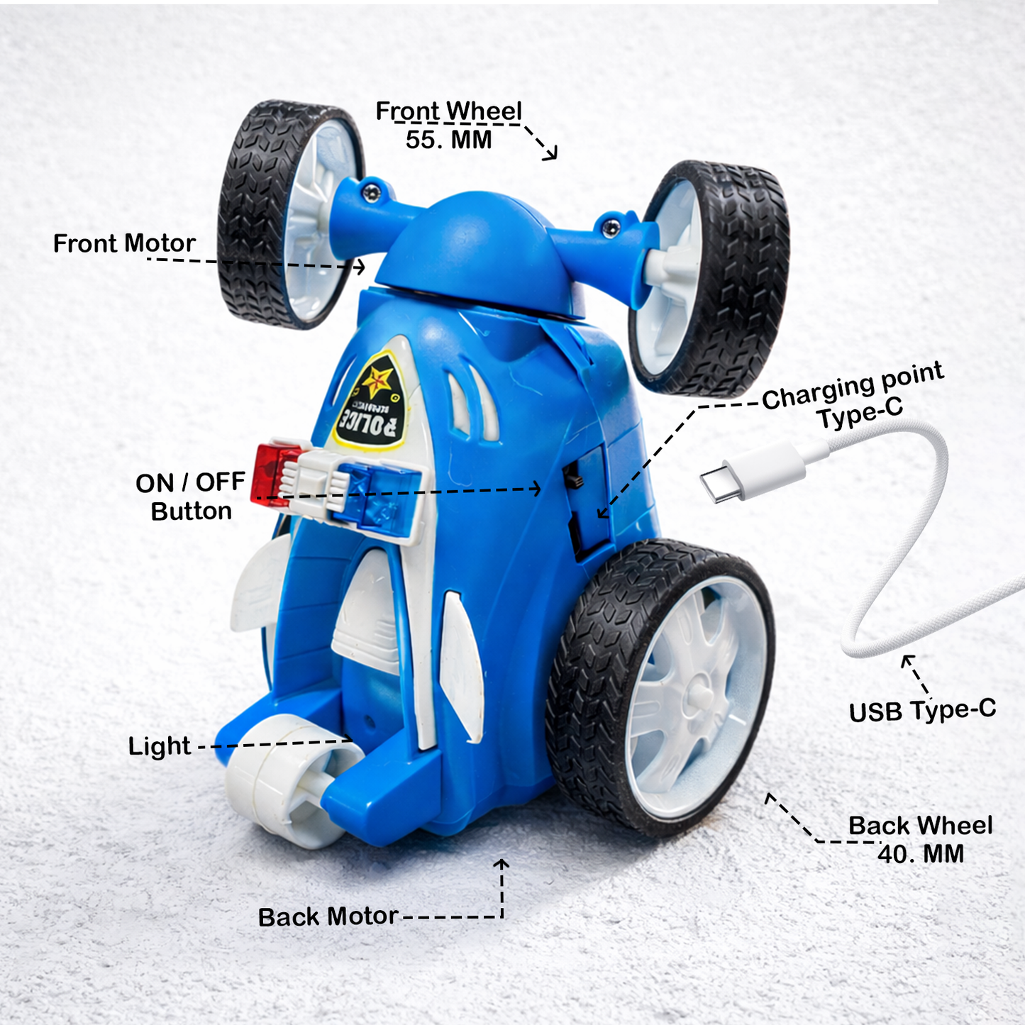 RC Police Stunt Car for Kids | Rechargeable High-Speed Remote Control Car with LED Lights – Blue