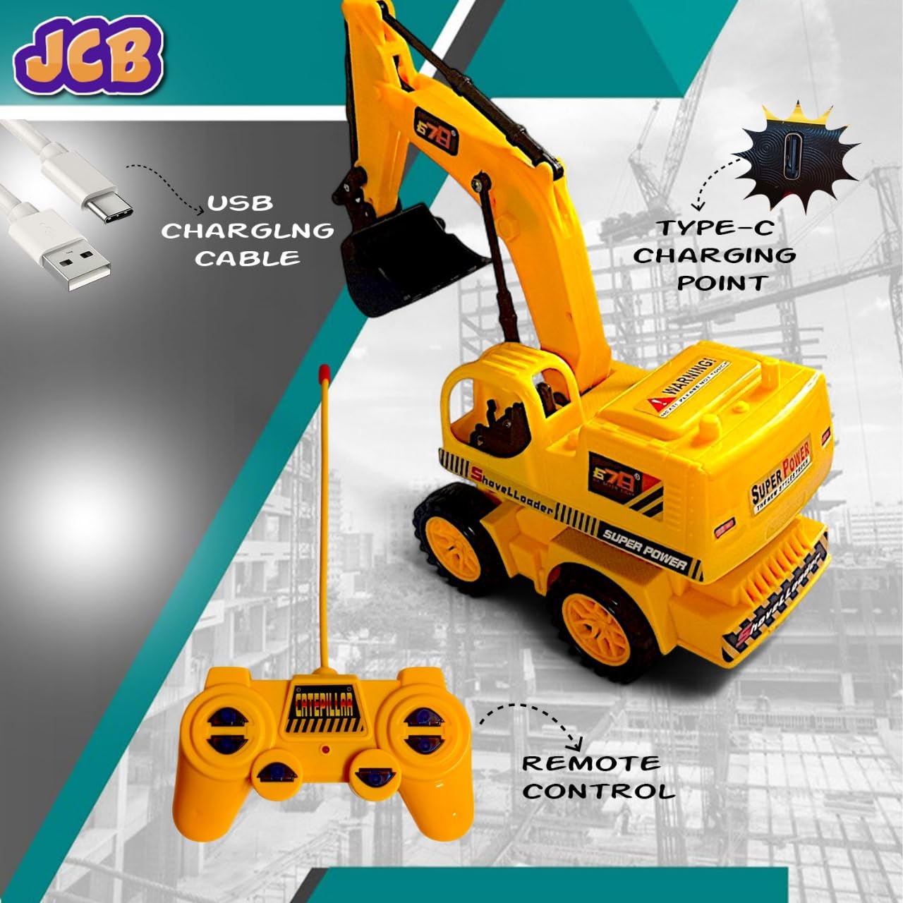 Remote-Controlled JCB Digger Toy for Kids with Movable Shovel, Lights & Realistic Design โ Indoor/Outdoor Construction Vehicle Play Toy (Yellow, 8037)