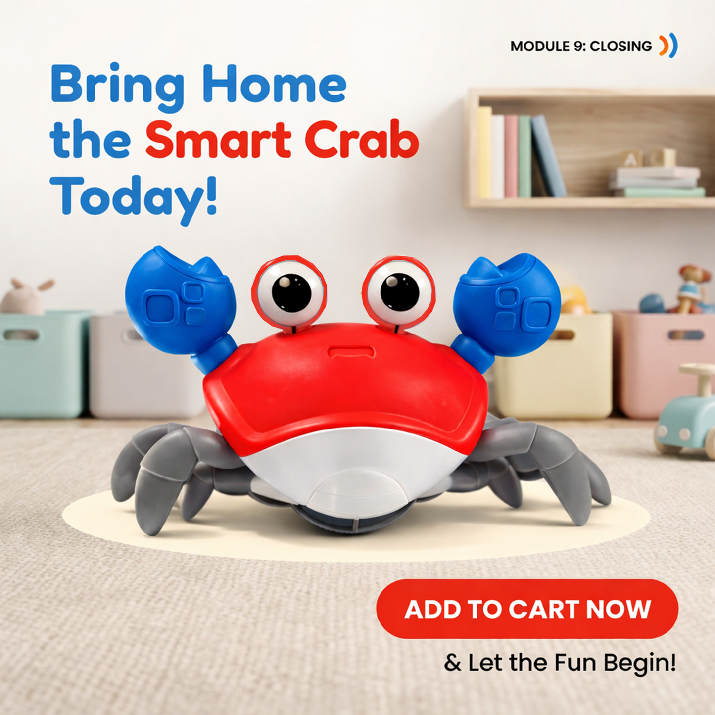 carb toyz Rechargeable Crawling Crab Baby Toys for 6 to 12 Months with Light & Sound | Sensory Interactive Moving Musical Tummy Time Activity for Babies & Toddlers | Birthday Gift for Kids Electric Toy( RED)