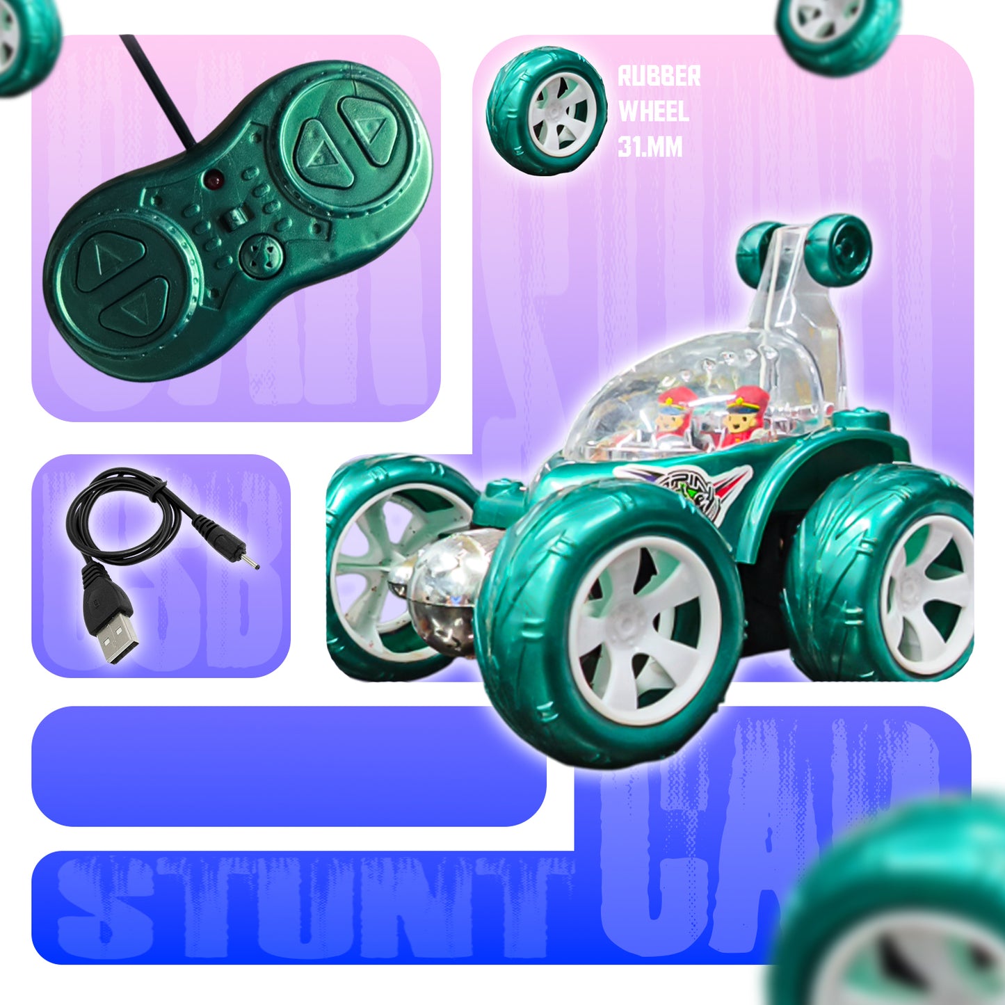 Fancy 360° Rotating RC Stunt Car for Kids | Rechargeable High-Speed Remote Control Car – Green