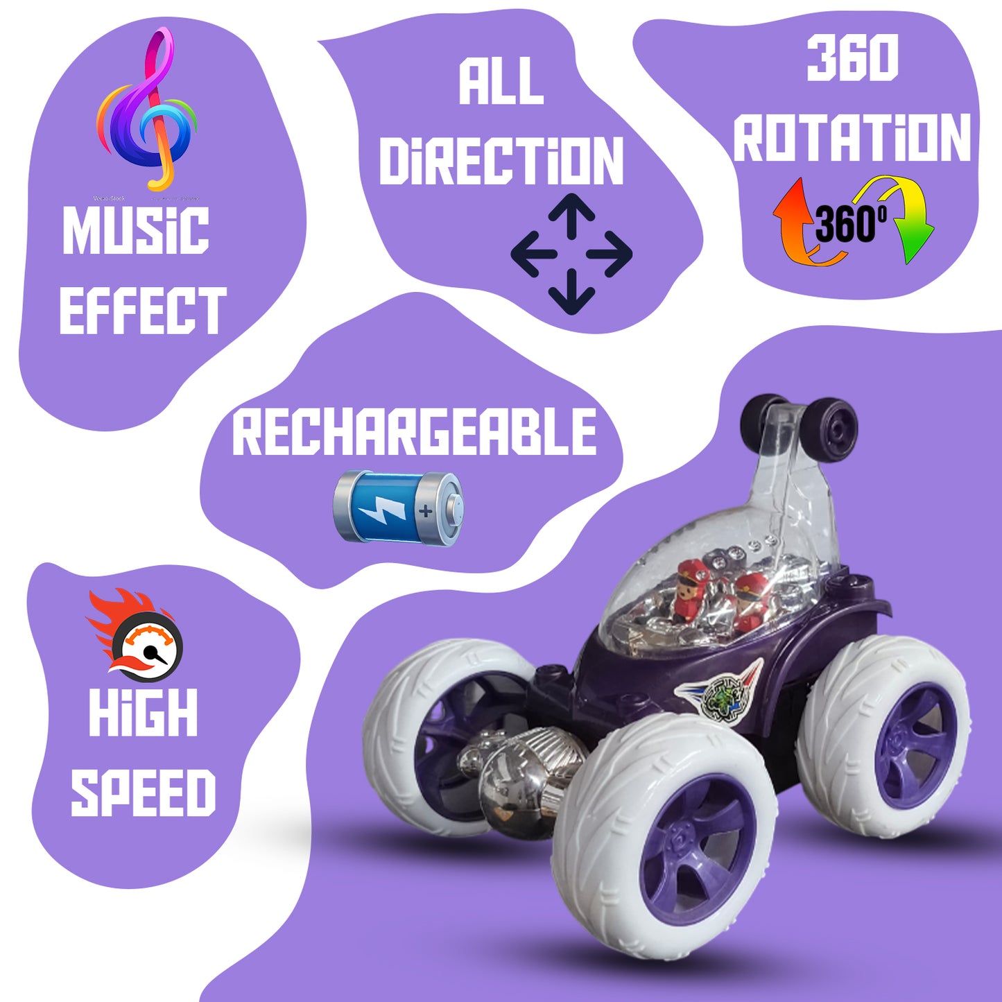 Foggy 360° Rotating RC Stunt Car for Kids | Rechargeable High-Speed Remote Control Car – Purple
