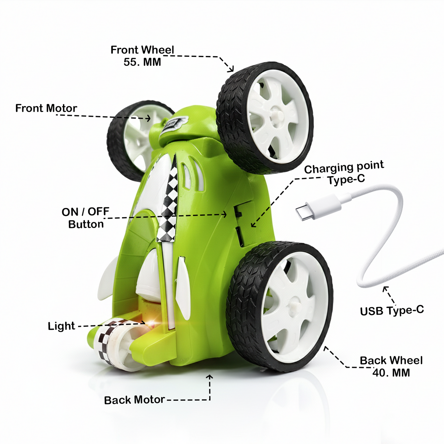 Small Stunt RC Car for Kids | Rechargeable High-Speed Remote Control Car with LED Lights – Green