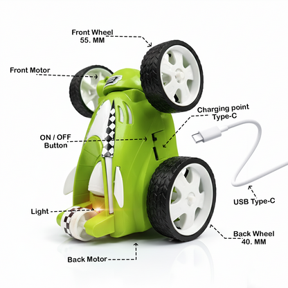Small Stunt RC Car for Kids | Rechargeable High-Speed Remote Control Car with LED Lights – Green