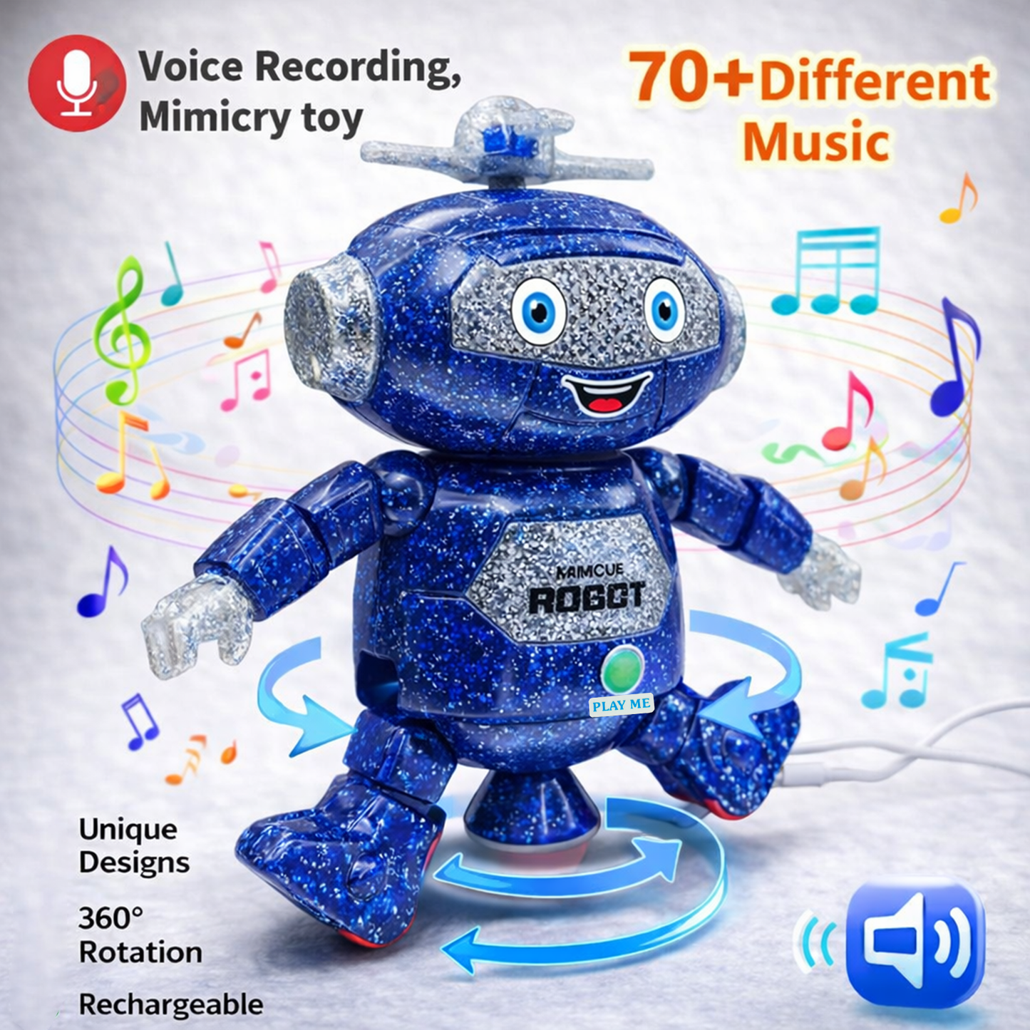 Mimique Dancing Robot Musical Toy With LED Lights & Spinning Propeller Rechargeable, 70+Different Music, Voice Recording 99444-2