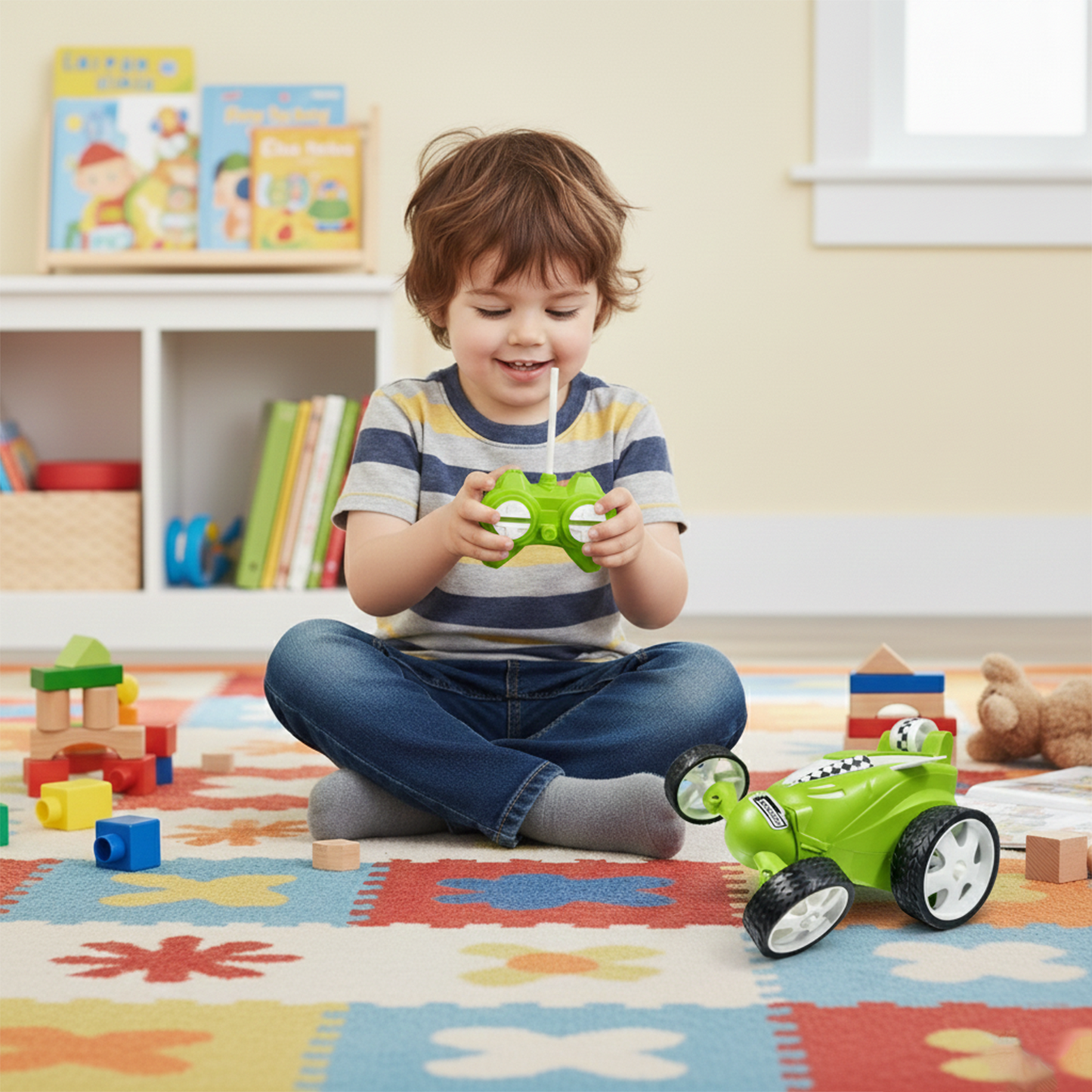 Small Stunt RC Car for Kids | Rechargeable High-Speed Remote Control Car with LED Lights – Green