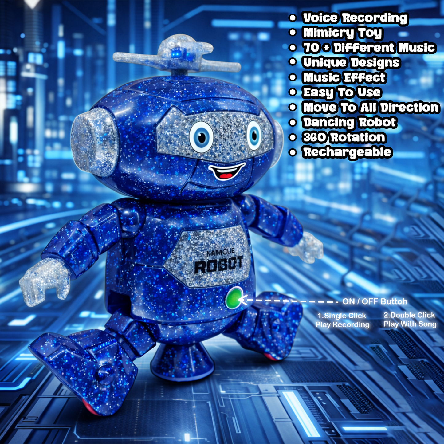 Mimique Dancing Robot Musical Toy With LED Lights & Spinning Propeller Rechargeable, 70+Different Music, Voice Recording 99444-2