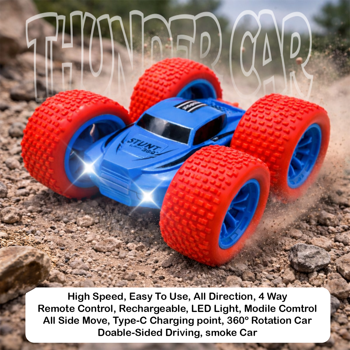 RC Thunder car Rechargeable, 360º Rotation car, Double-Sided Driving, Smoke Car, Remote Control (Blue))