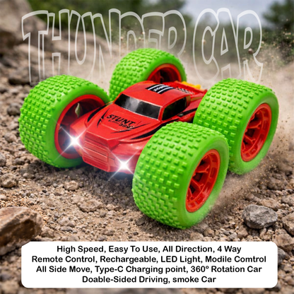 RC Thunder car Rechargeable, 360º Rotation car, Double-Sided Driving, Smoke Car, Remote Control (Red)