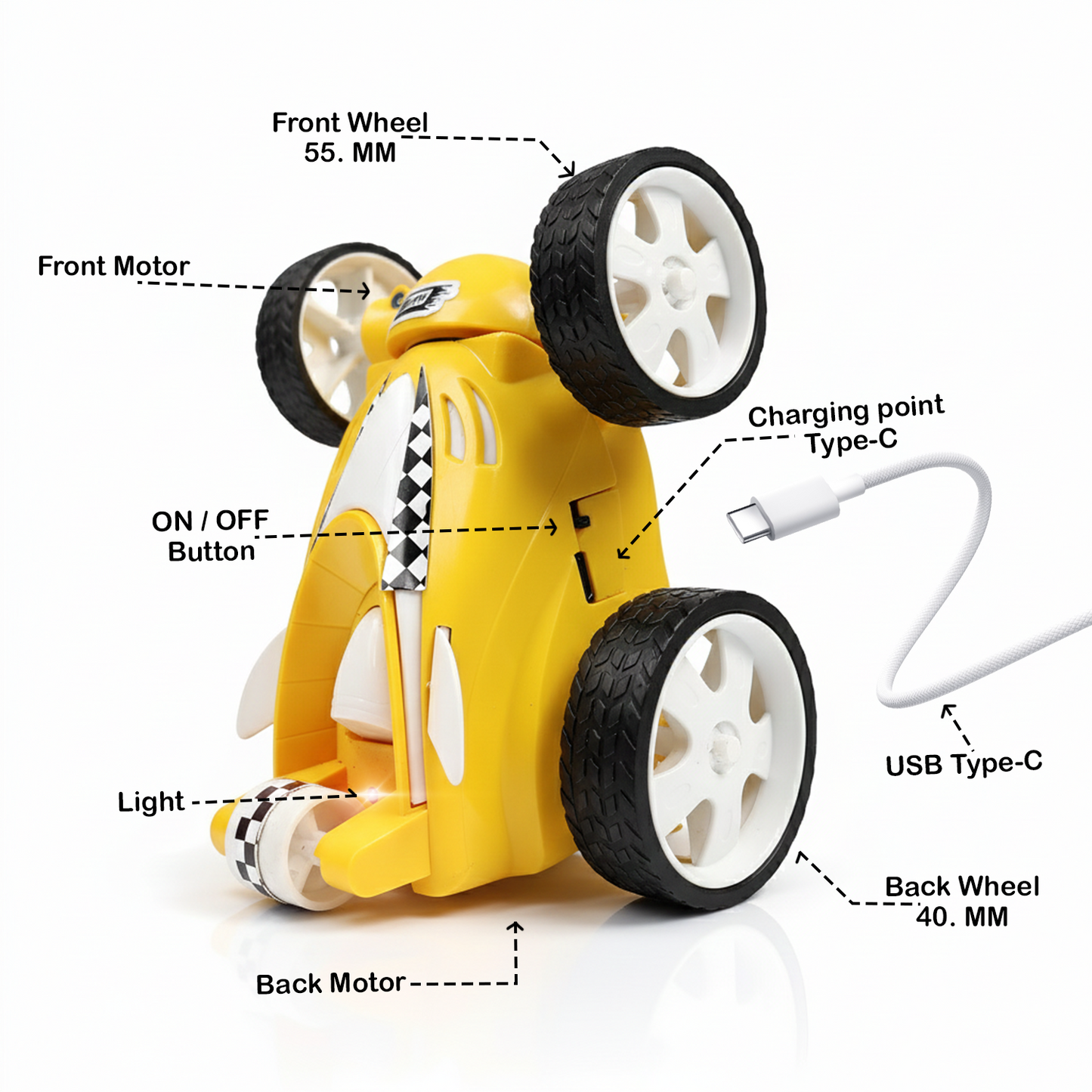 Small Stunt RC Car for Kids | Rechargeable High-Speed Remote Control Car with LED Lights – Yellow