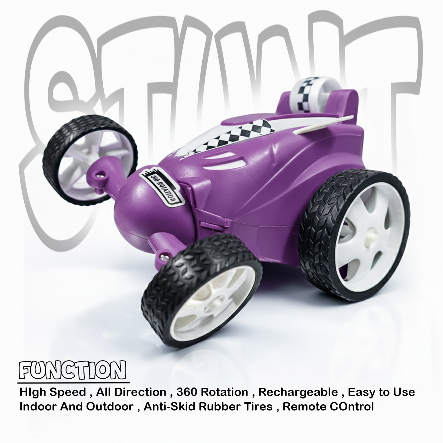 Rechargeable RC Stunt Car for Kids – 360° Rotation High-Speed Remote Control Car (Purple)
