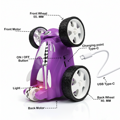 Rechargeable RC Stunt Car for Kids – 360° Rotation High-Speed Remote Control Car (Purple)