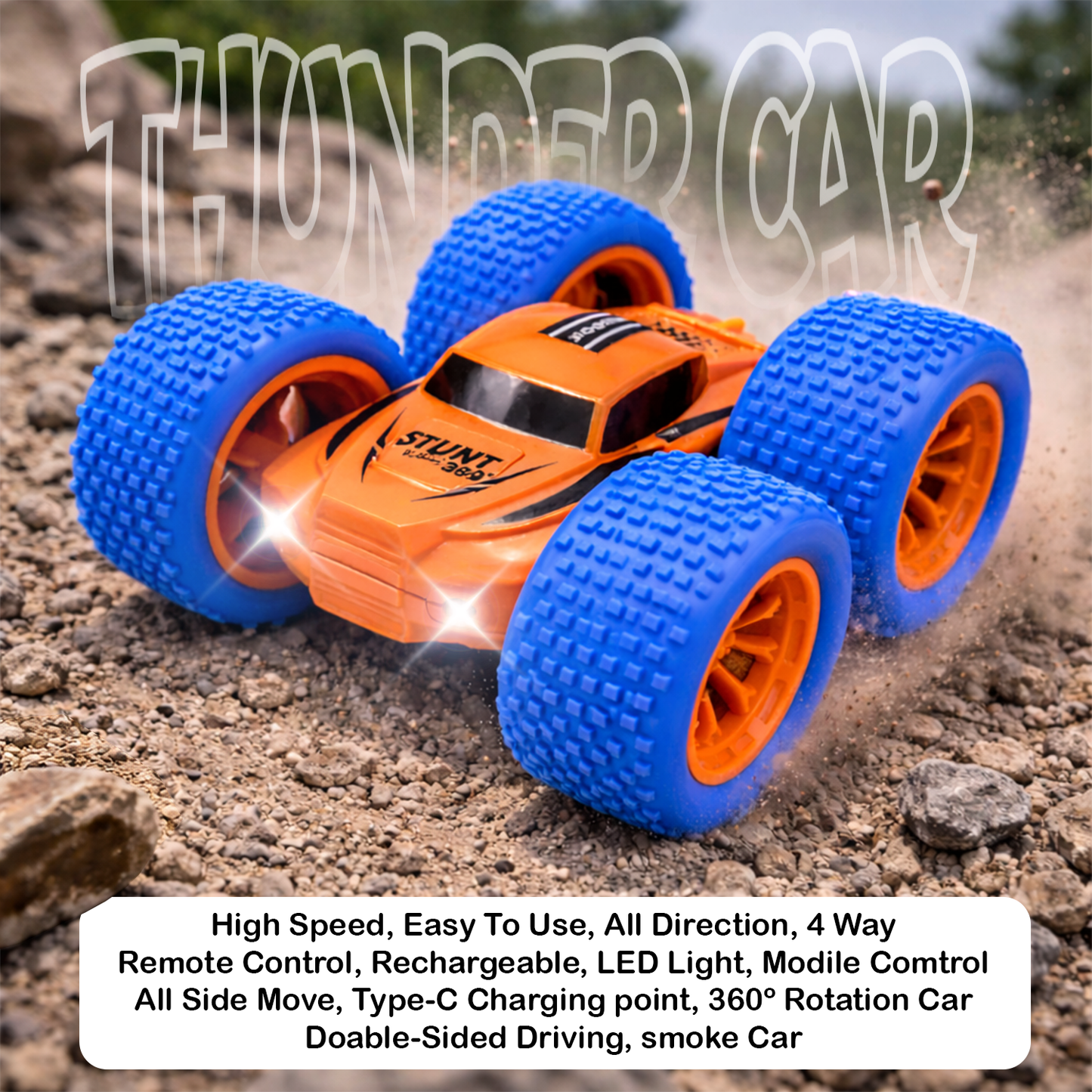 RC Thunder car Rechargeable, 360º Rotation car, Double-Sided Driving, Smoke Car, Remote Control (orange)