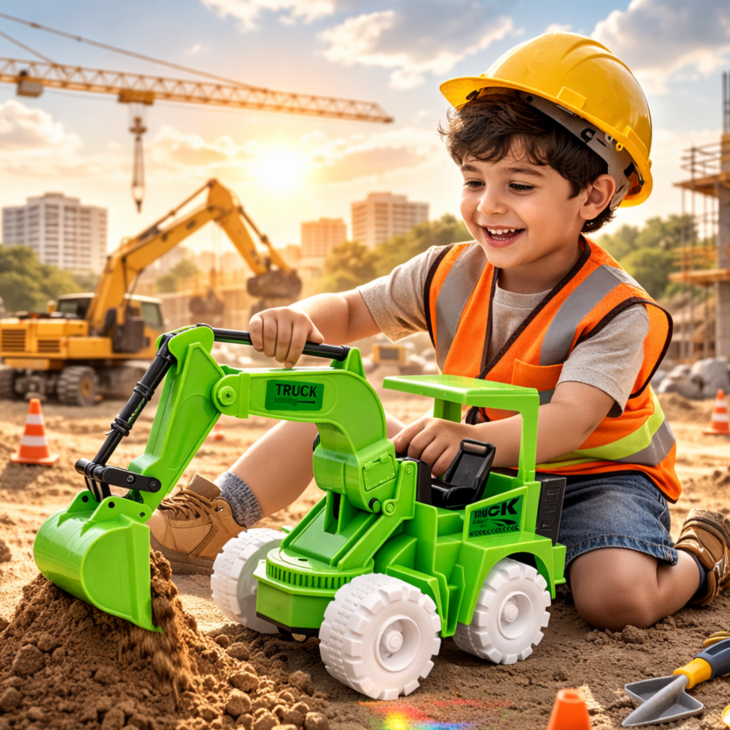 Kids Toy Excavator Truck | Green Construction Digger with Moving Arm – Fun Interactive Play Vehicle