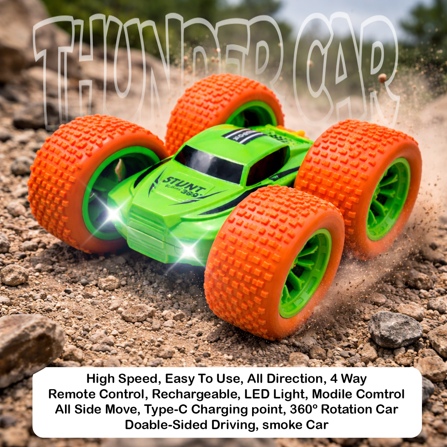 RC Thunder car Rechargeable, 360º Rotation car, Double-Sided Driving, Smoke Car, Remote Control (Green)
