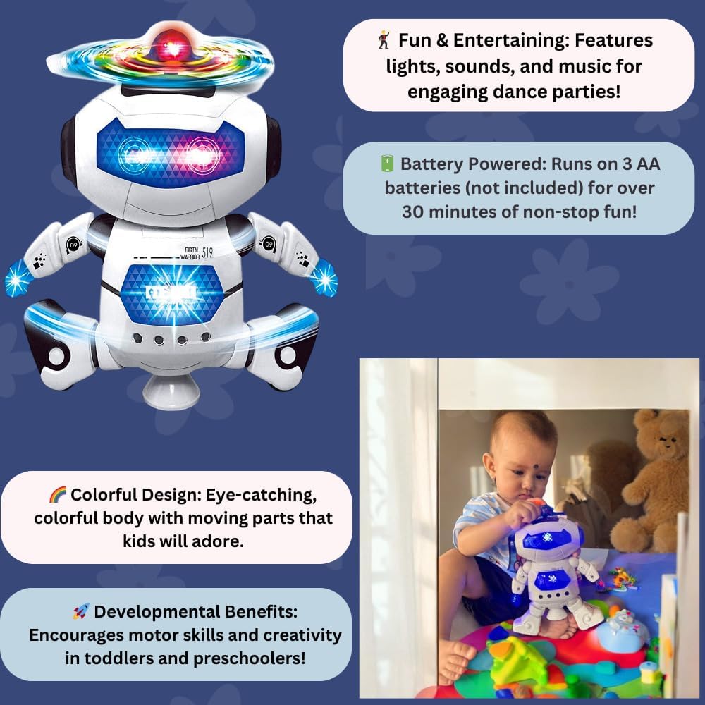 Dancing Robot Toy for Kids with 3D Lights and Music Robot Toy with Moving Hands Legs Head Spinning Action Battery Operated Fun Dance Toy for Boys Girls Indoor Play [White 99444-2]