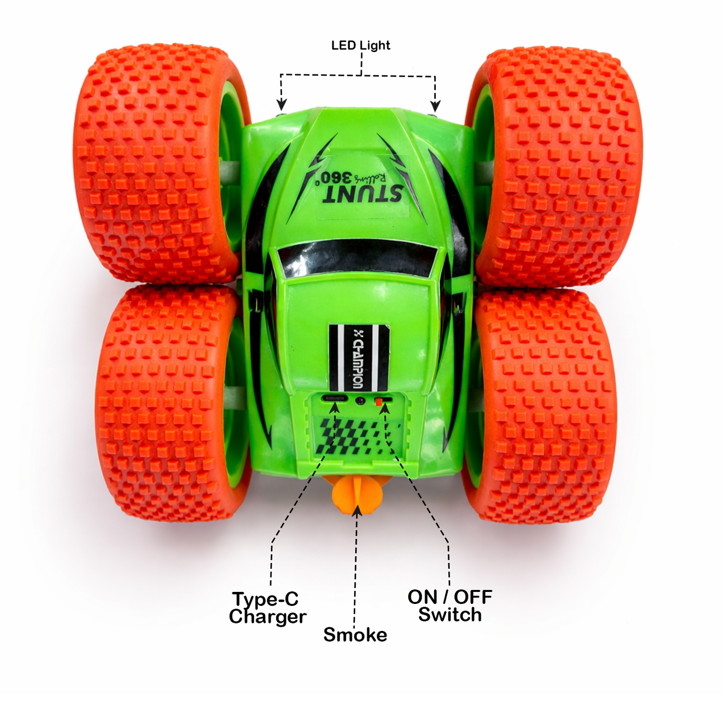 RC Thunder car Rechargeable, 360º Rotation car, Double-Sided Driving, Smoke Car, Remote Control (Green)
