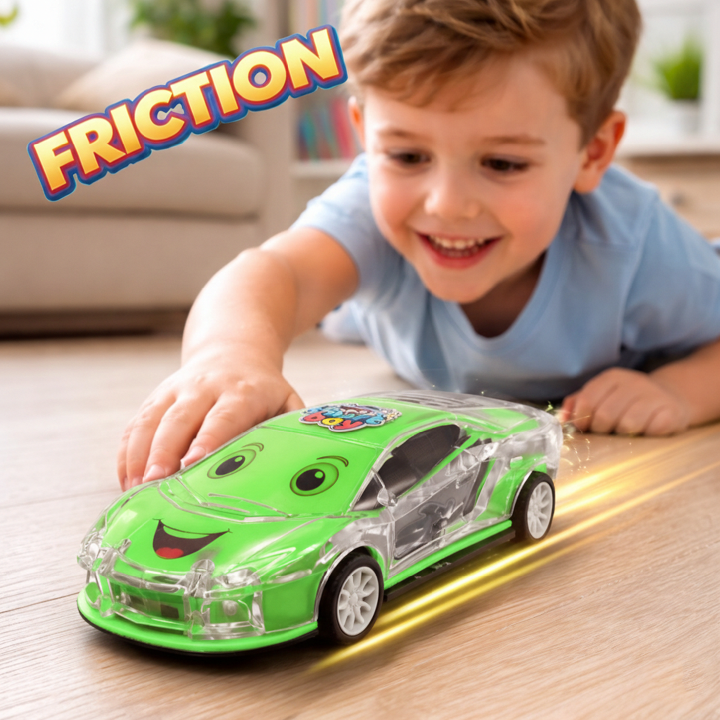 Smiley Push & Go Friction Toy Car for Kids | Durable Fun Play Car – Green