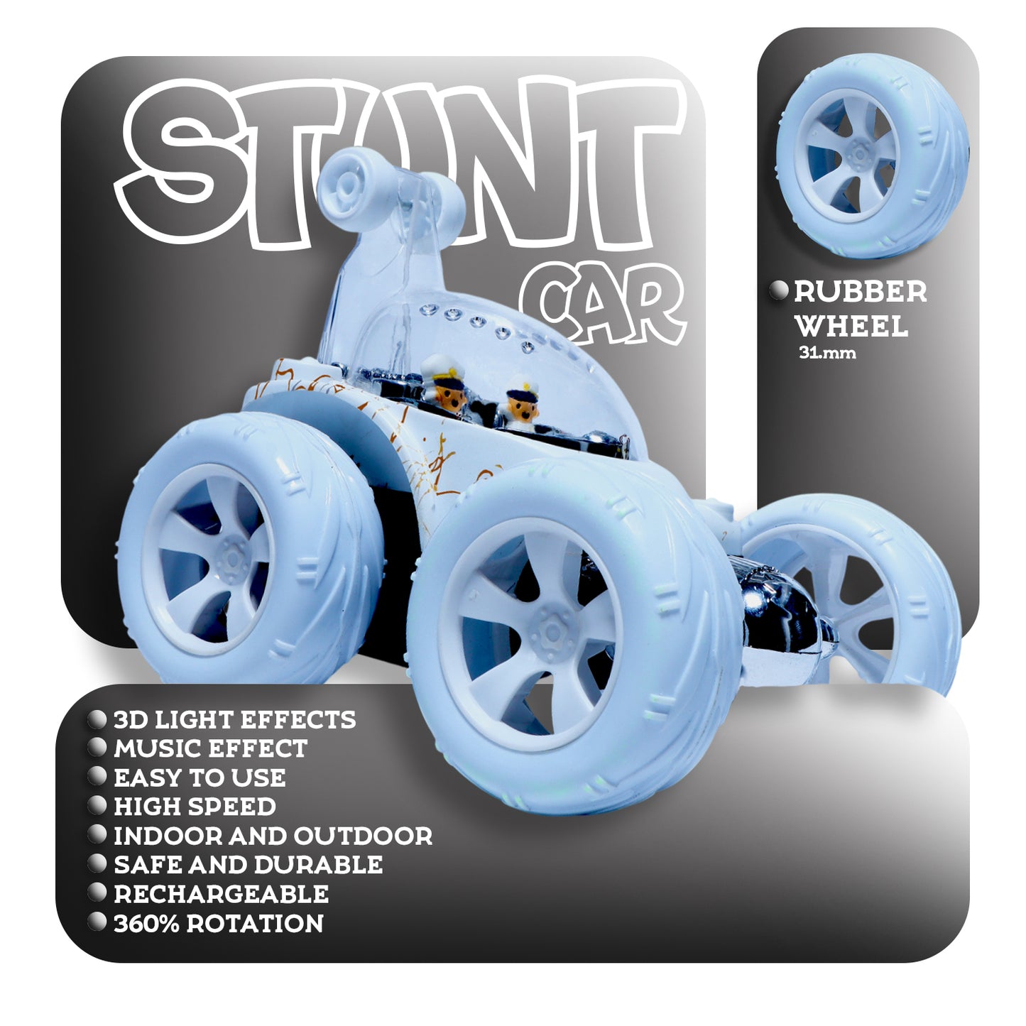Design 360° Rotating RC Stunt Car for Kids | Rechargeable High-Speed Remote Control Car – White