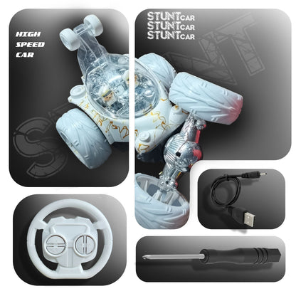 Design 360° Rotating RC Stunt Car for Kids | Rechargeable High-Speed Remote Control Car – White