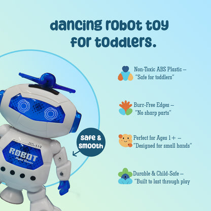 Dancing Robot Toy for Kids | 360° Rotating Action Robot with LED Lights & Music In White-M-99444-2