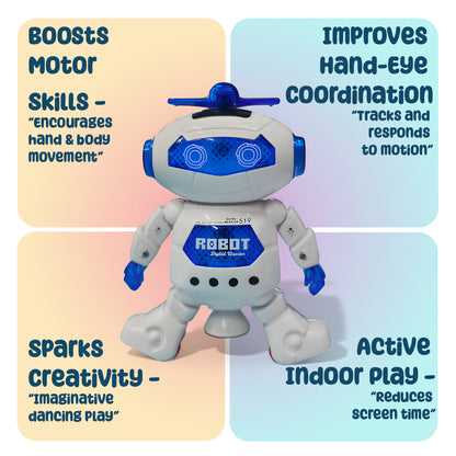 Dancing Robot Toy for Kids | 360° Rotating Action Robot with LED Lights & Music In White-M-99444-2