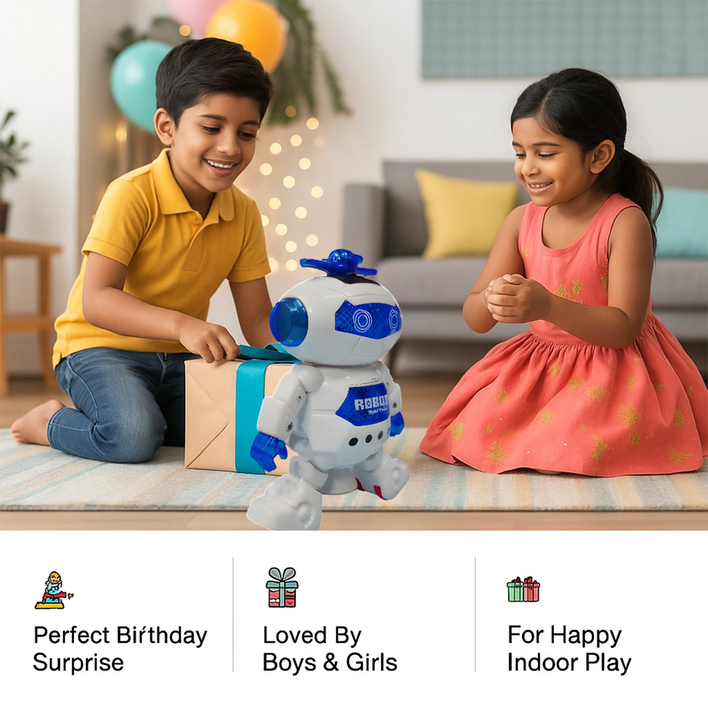 Dancing Robot Toy for Kids | 360° Rotating Action Robot with LED Lights & Music In White-M-99444-2