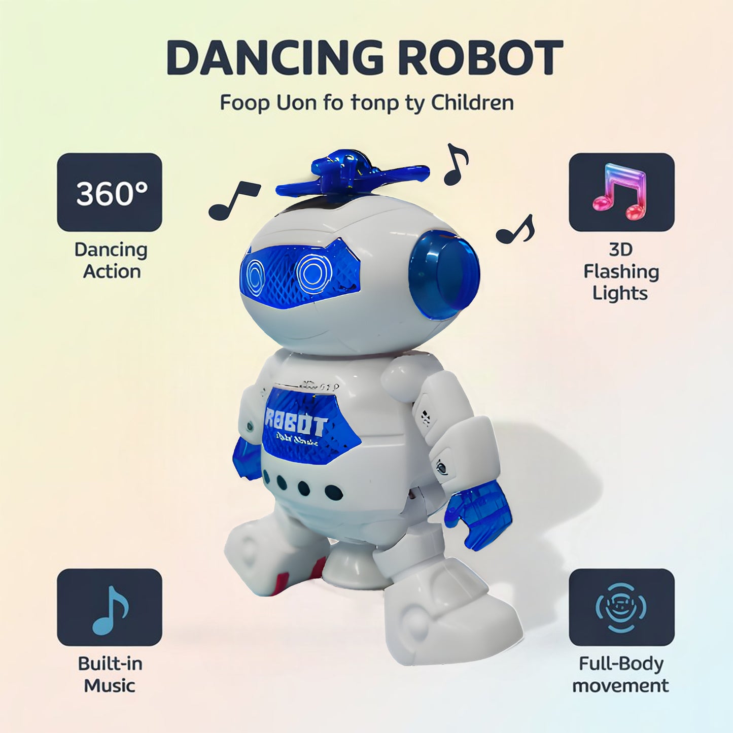 Dancing Robot Toy for Kids | 360° Rotating Action Robot with LED Lights & Music In White-M-99444-2