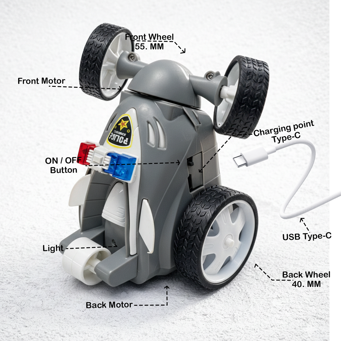 RC Police Car for Kids | Rechargeable High-Speed Remote Control Car with LED Lights – Grey