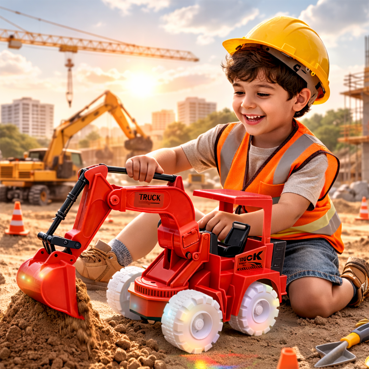 Kids Toy Excavator Truck | Red Construction Digger with Moving Arm – Fun Interactive Play Vehicle