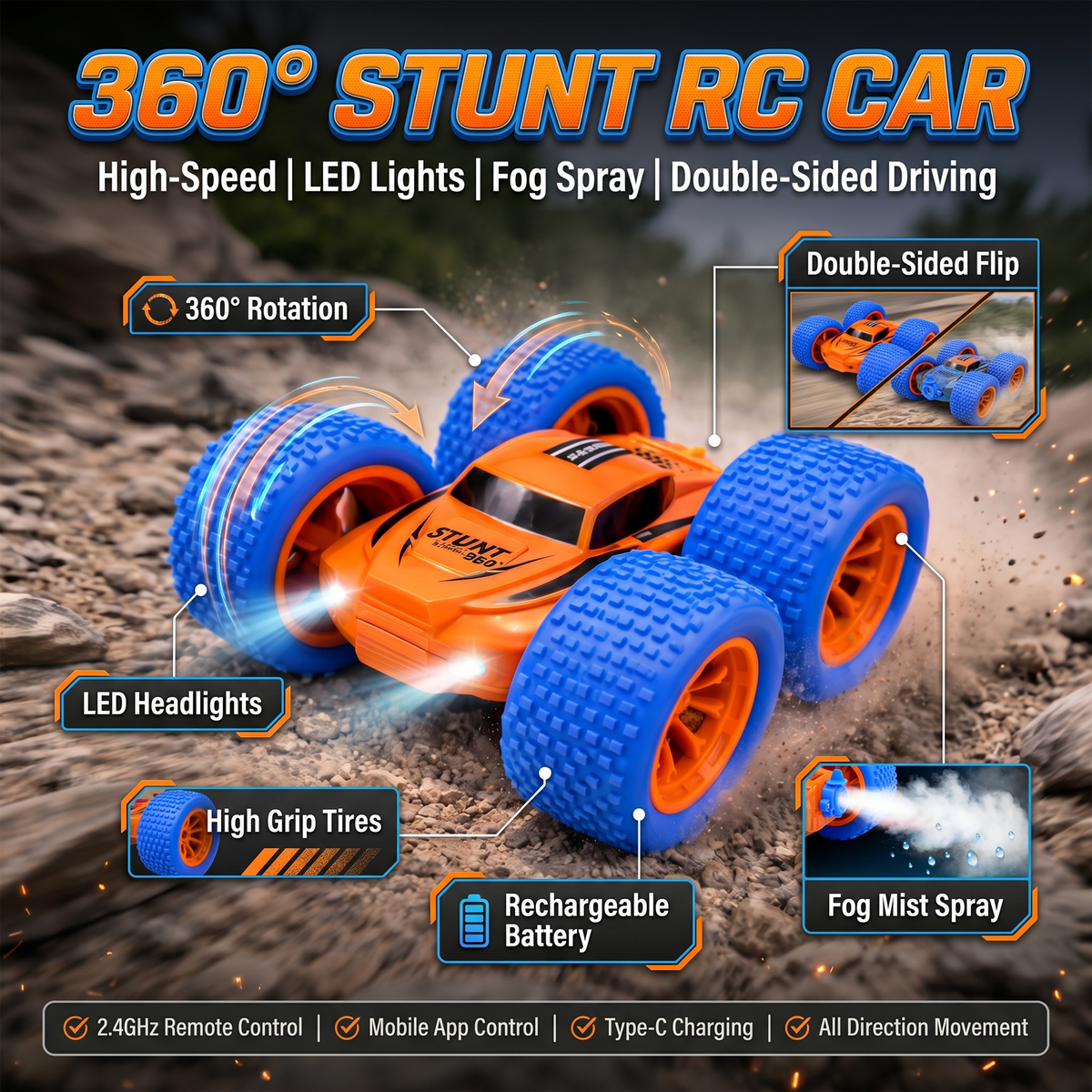 RC Thunder car Rechargeable, 360º Rotation car, Double-Sided Driving, Smoke Car, Remote Control (orange)