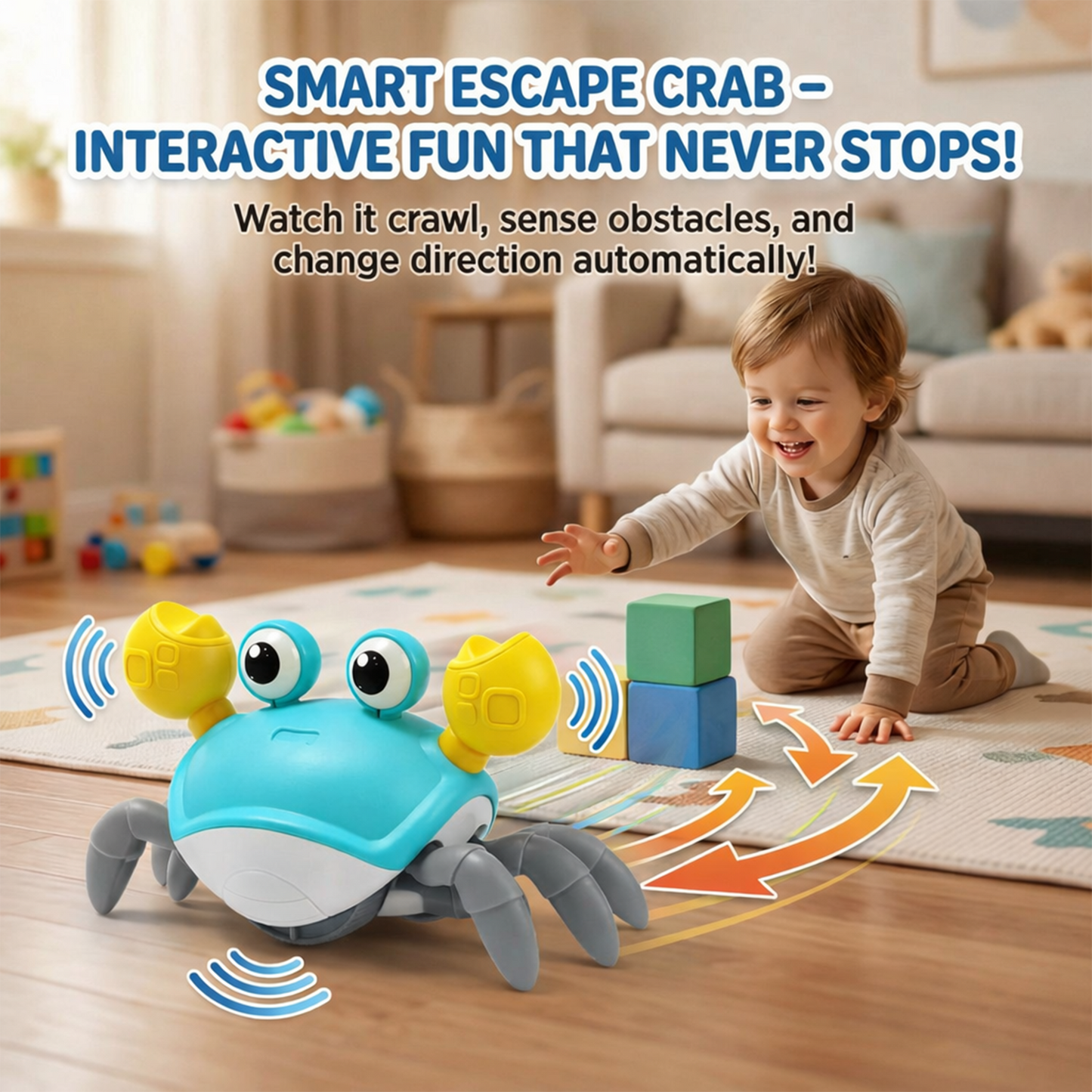carb toyz Rechargeable Crawling Crab Baby Toys for 6 to 12 Months with Light & Sound | Sensory Interactive Moving Musical Tummy Time Activity for Babies & Toddlers | Birthday Gift for Kids Electric Toy (blue)