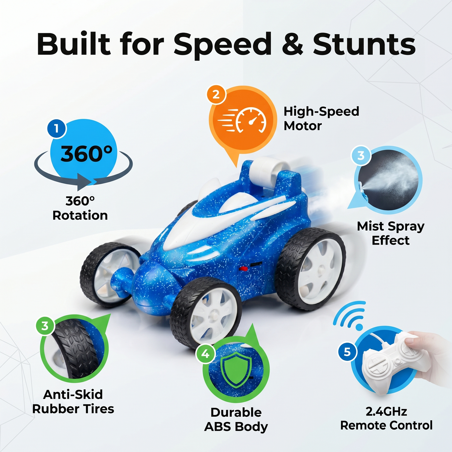 Remote Control Stunt Car with Smoke Effect USB Rechargeable Drift Toy (Blue)