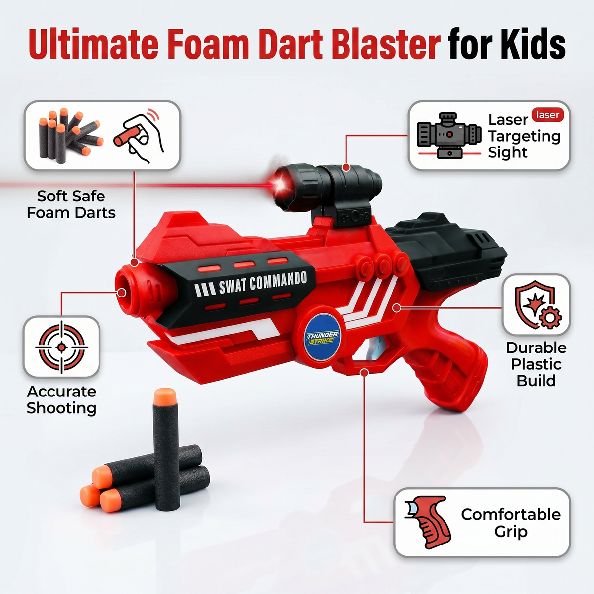 116M-Bullet Gun Toy - Safe Plastic Gun with 10 Bullets, Effective Range of 40 Feet, Ideal for Kids Above 3 Years, BIS Approve- (Red)