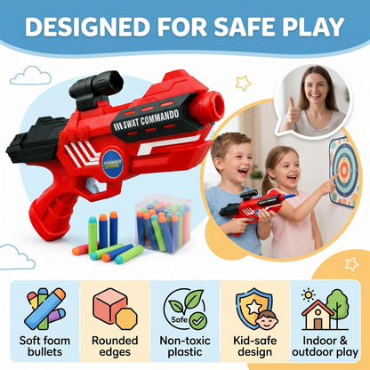 116M-Bullet Gun Toy - Safe Plastic Gun with 10 Bullets, Effective Range of 40 Feet, Ideal for Kids Above 3 Years, BIS Approve- (Red)