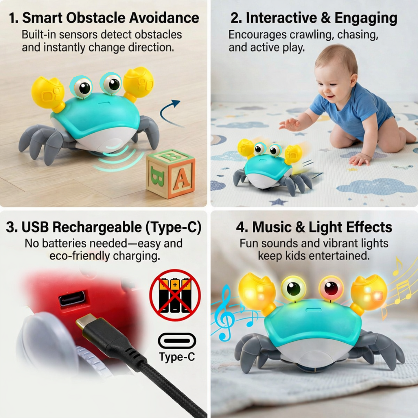 carb toyz Rechargeable Crawling Crab Baby Toys for 6 to 12 Months with Light & Sound | Sensory Interactive Moving Musical Tummy Time Activity for Babies & Toddlers | Birthday Gift for Kids Electric Toy (blue)