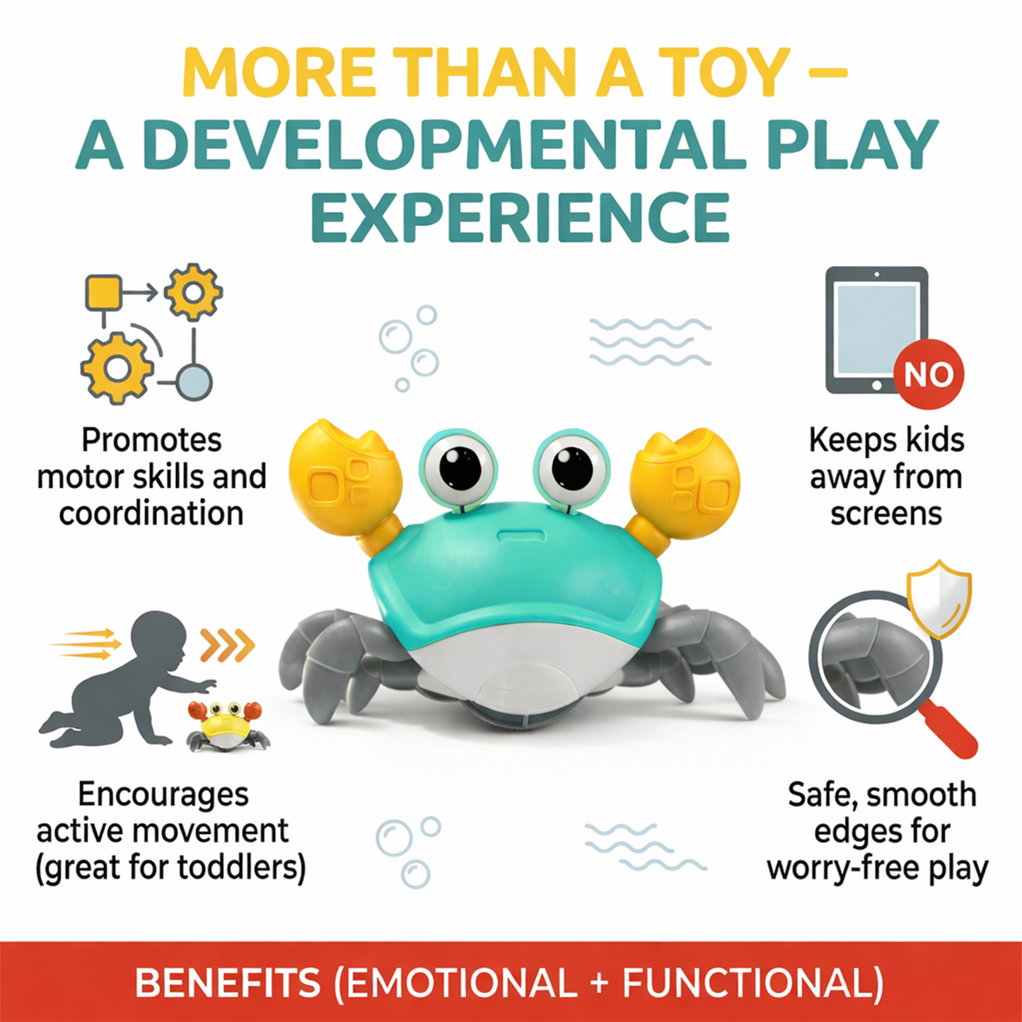 carb toyz Rechargeable Crawling Crab Baby Toys for 6 to 12 Months with Light & Sound | Sensory Interactive Moving Musical Tummy Time Activity for Babies & Toddlers | Birthday Gift for Kids Electric Toy (blue)