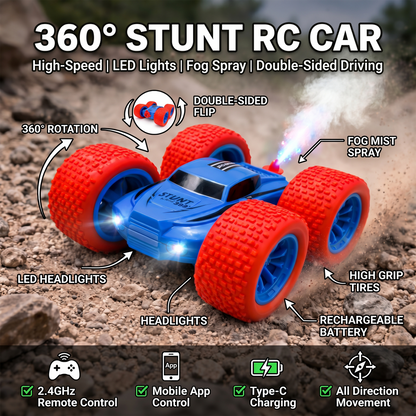 RC Thunder car Rechargeable, 360º Rotation car, Double-Sided Driving, Smoke Car, Remote Control (Blue))