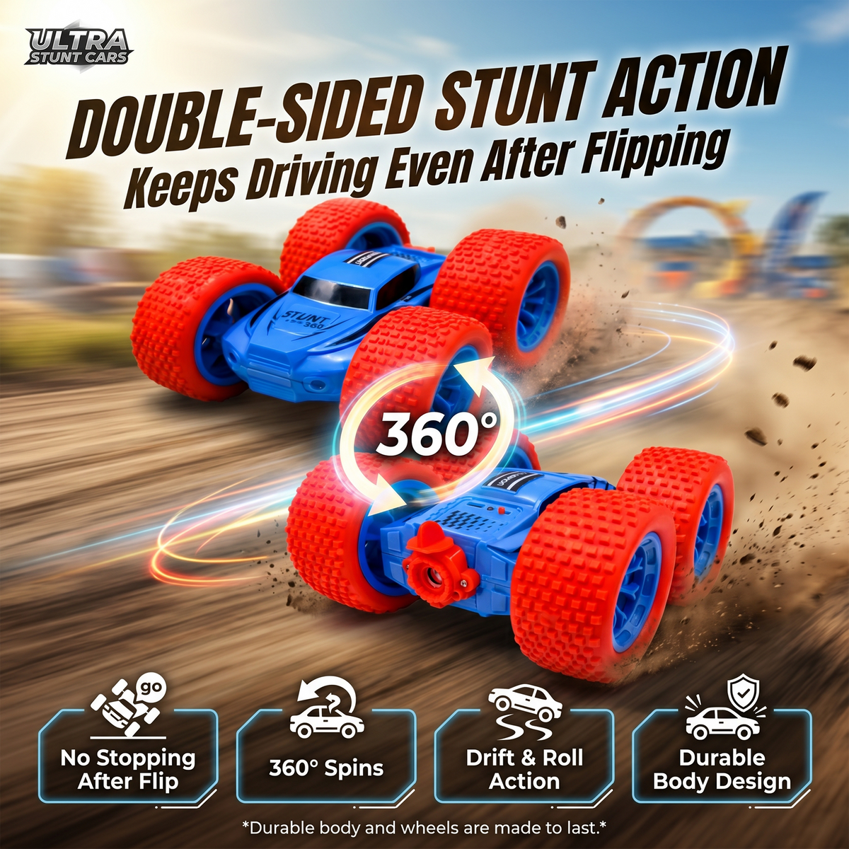 RC Thunder car Rechargeable, 360º Rotation car, Double-Sided Driving, Smoke Car, Remote Control (Blue))