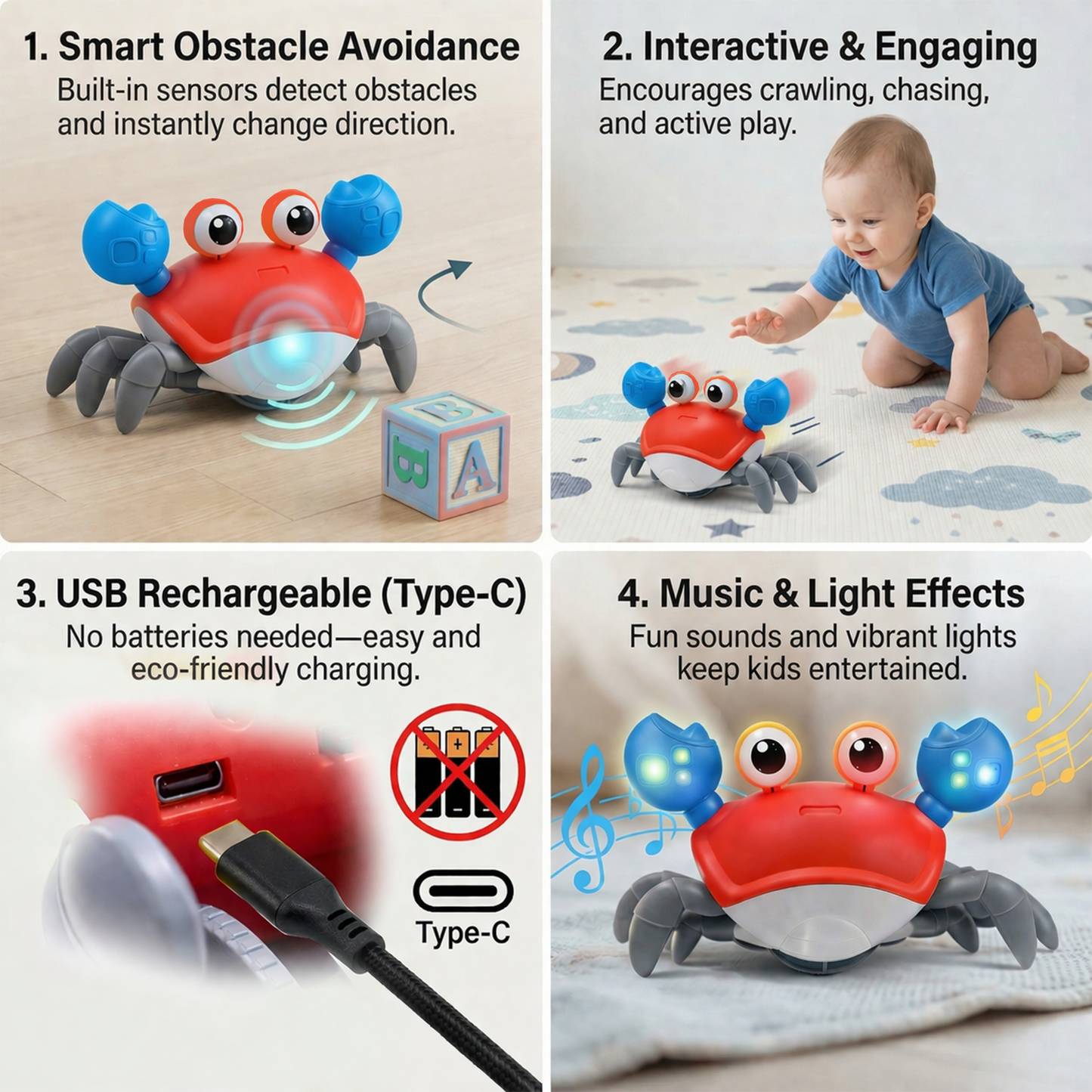 carb toyz Rechargeable Crawling Crab Baby Toys for 6 to 12 Months with Light & Sound | Sensory Interactive Moving Musical Tummy Time Activity for Babies & Toddlers | Birthday Gift for Kids Electric Toy( RED)