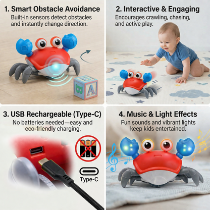 carb toyz Rechargeable Crawling Crab Baby Toys for 6 to 12 Months with Light & Sound | Sensory Interactive Moving Musical Tummy Time Activity for Babies & Toddlers | Birthday Gift for Kids Electric Toy( RED)