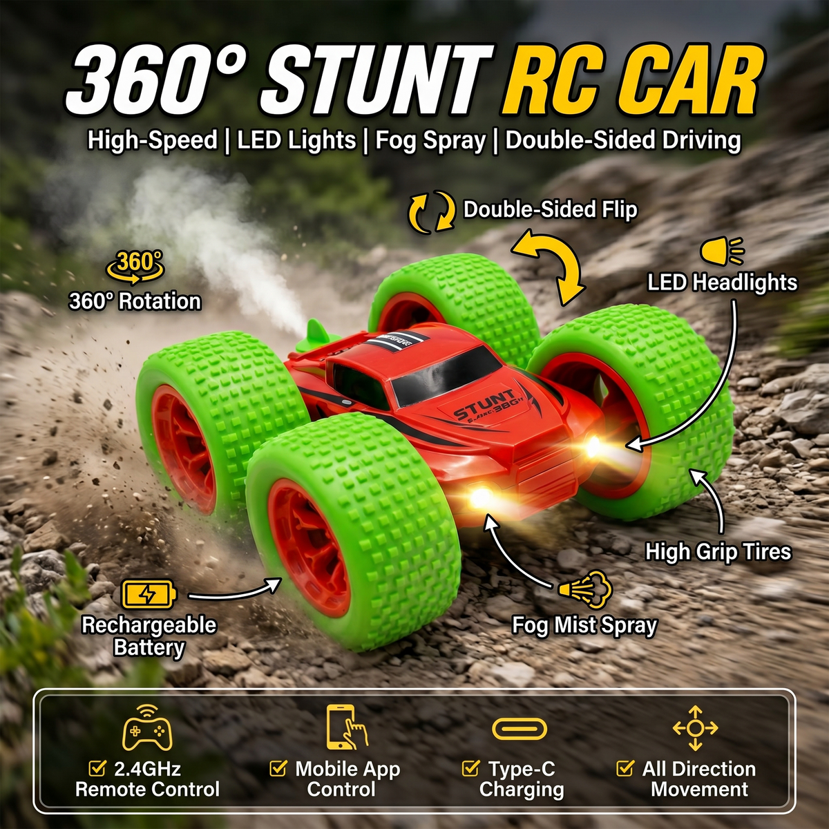 RC Thunder car Rechargeable, 360º Rotation car, Double-Sided Driving, Smoke Car, Remote Control (Red)