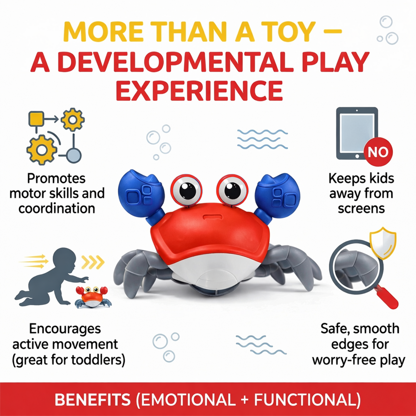 carb toyz Rechargeable Crawling Crab Baby Toys for 6 to 12 Months with Light & Sound | Sensory Interactive Moving Musical Tummy Time Activity for Babies & Toddlers | Birthday Gift for Kids Electric Toy( RED)