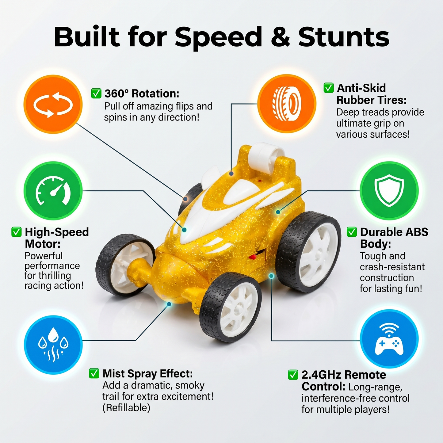 Remote Control Stunt Car with Smoke Effect USB Rechargeable Drift Toy (yellow)