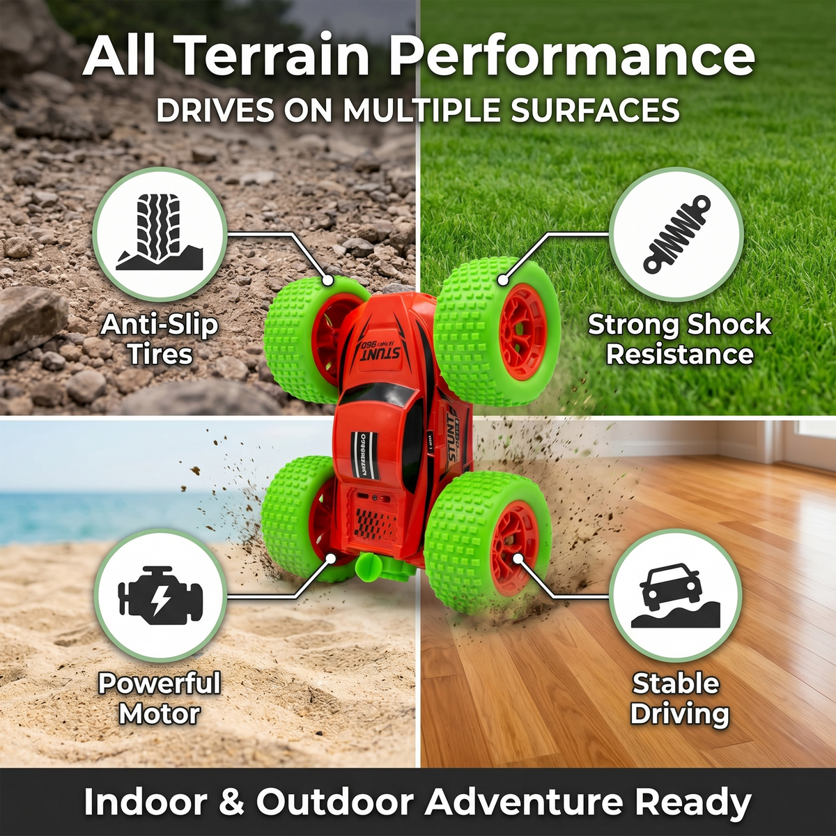 RC Thunder car Rechargeable, 360º Rotation car, Double-Sided Driving, Smoke Car, Remote Control (Red)