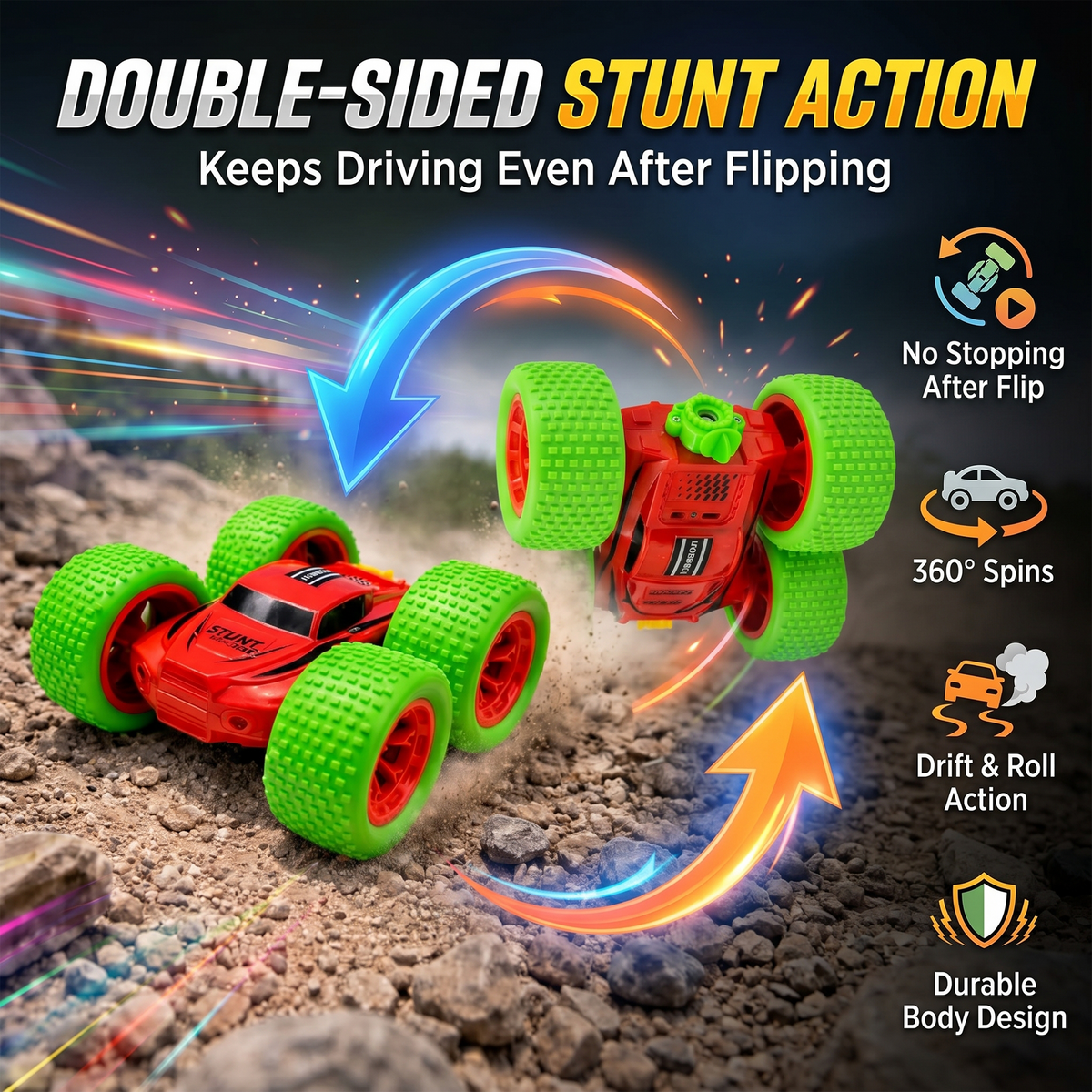 RC Thunder car Rechargeable, 360º Rotation car, Double-Sided Driving, Smoke Car, Remote Control (Red)