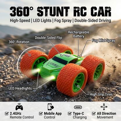 RC Thunder car Rechargeable, 360º Rotation car, Double-Sided Driving, Smoke Car, Remote Control (Green)