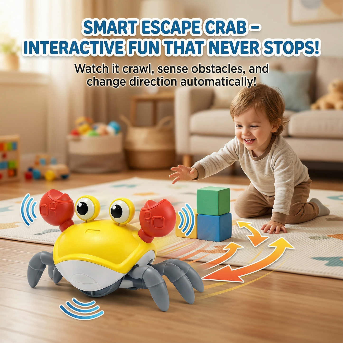 carb toyz Rechargeable Crawling Crab Baby Toys for 6 to 12 Months with Light & Sound | Sensory Interactive Moving Musical Tummy Time Activity for Babies & Toddlers | Birthday Gift for Kids Electric Toy