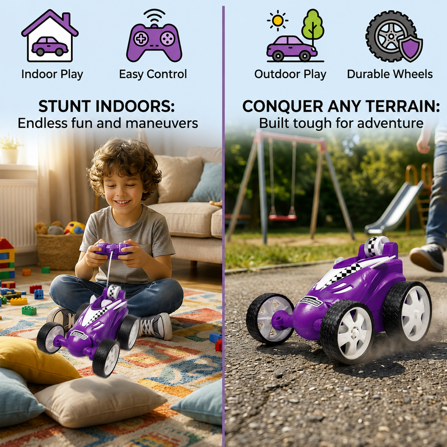 Small Stunt RC Car for Kids | Rechargeable High-Speed Remote Control Car with LED Lights – purple