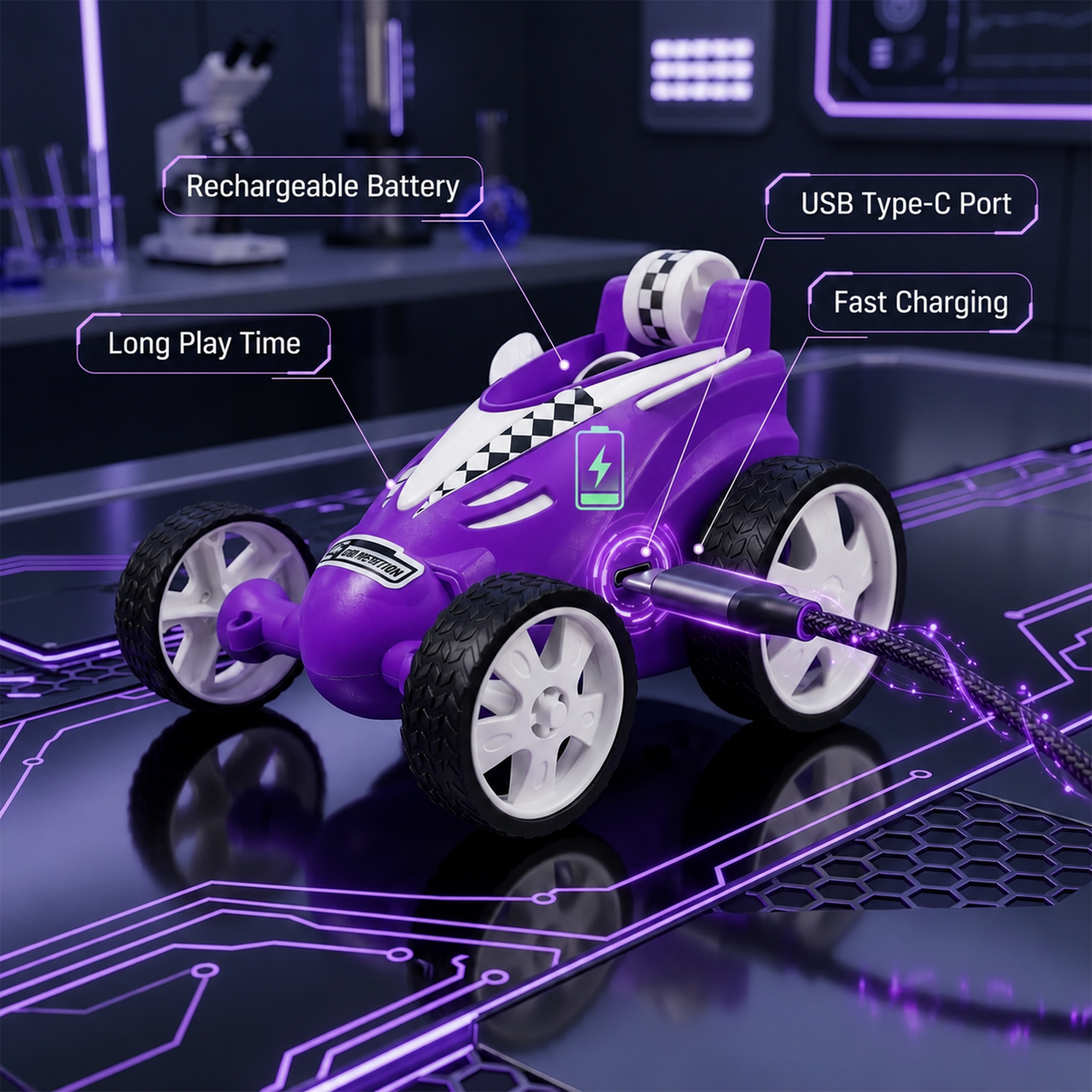 Small Stunt RC Car for Kids | Rechargeable High-Speed Remote Control Car with LED Lights – purple