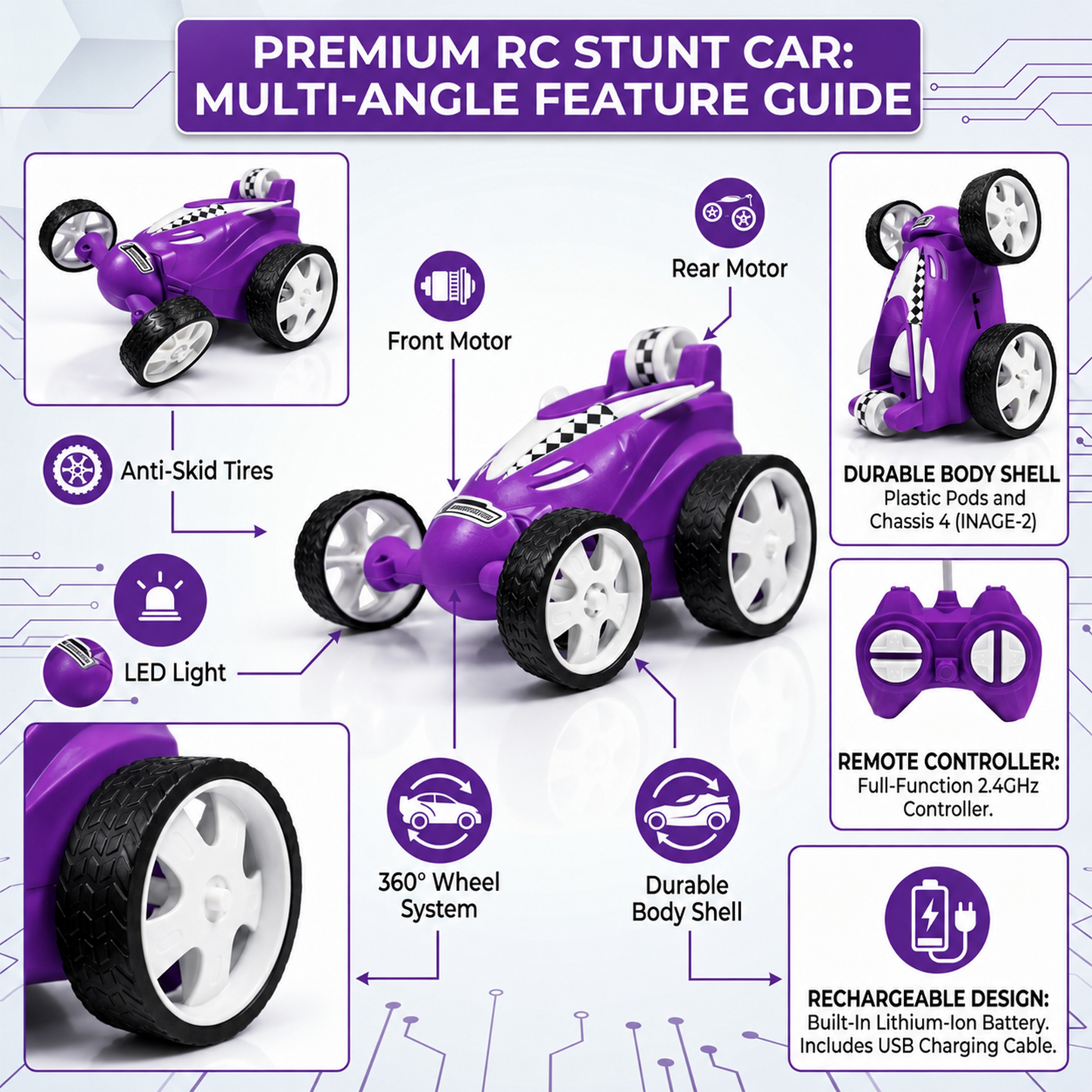 Small Stunt RC Car for Kids | Rechargeable High-Speed Remote Control Car with LED Lights – purple